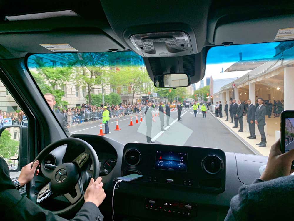 Shot from inside car approaching the Met Gala