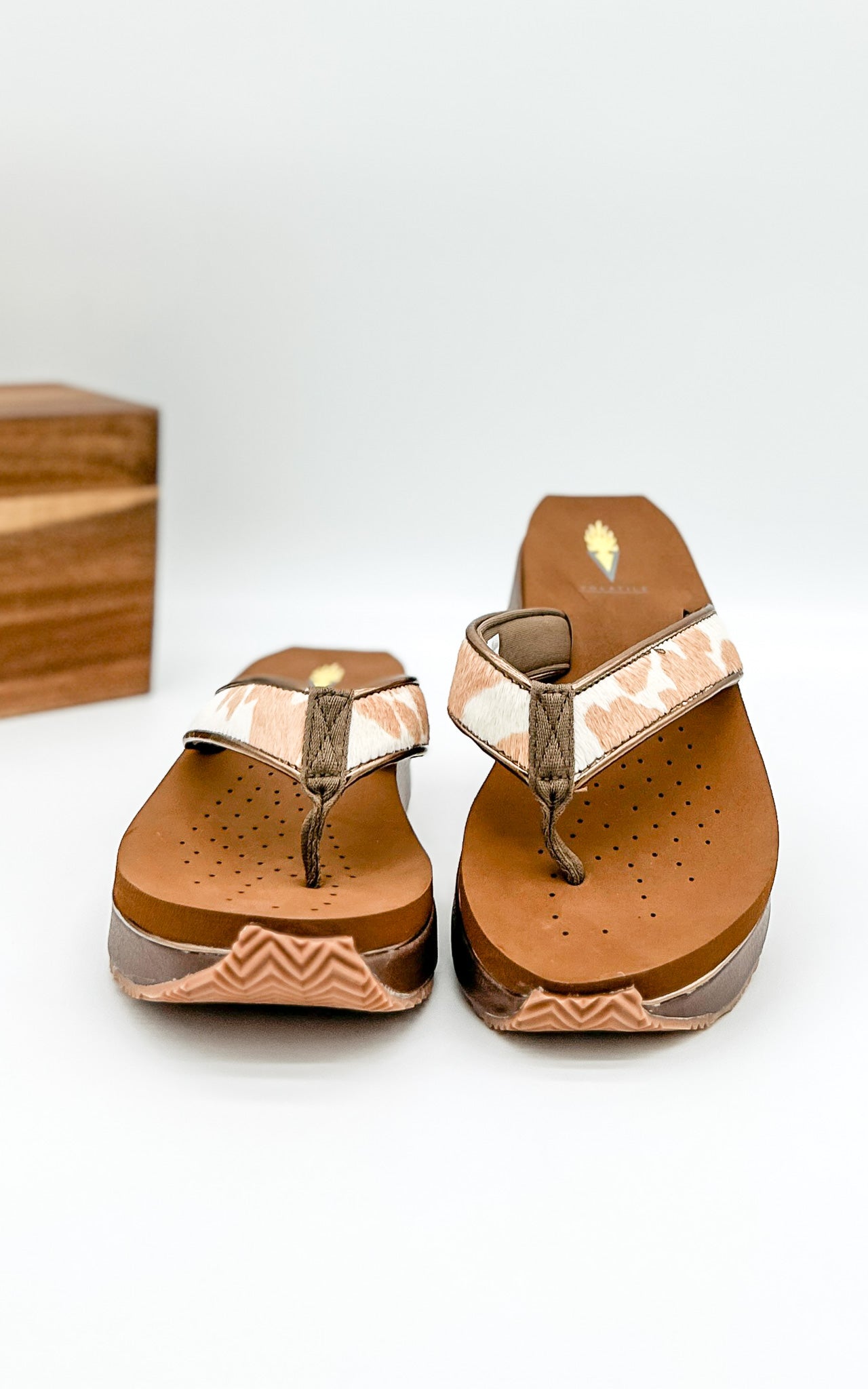 Volatile Neville Sandals in Tan with White Cowhide Straps