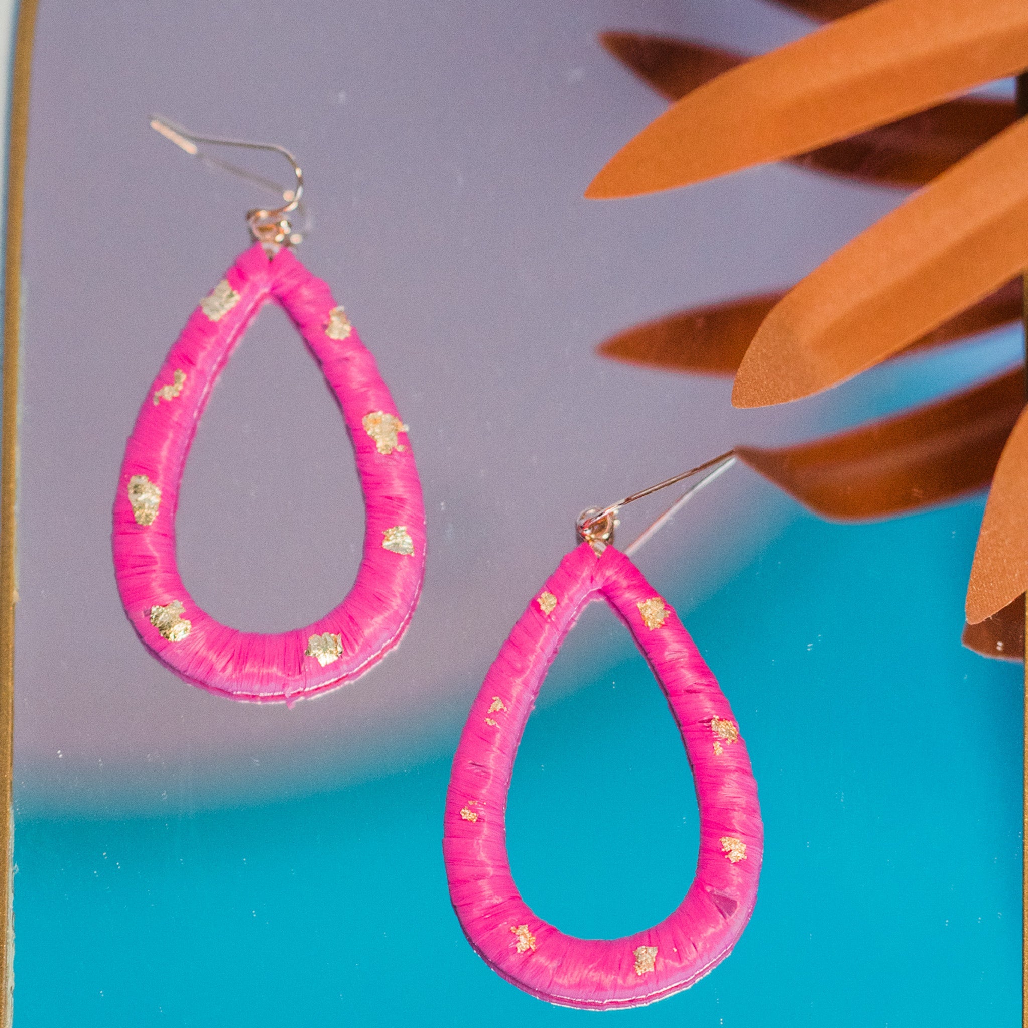 Pink and Gold Raffia Teardrop Earrings