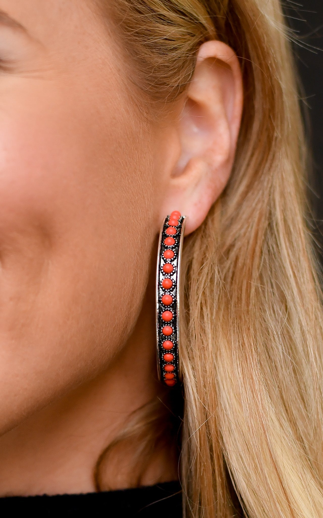 Burnished Silver and Red Hoop Earring