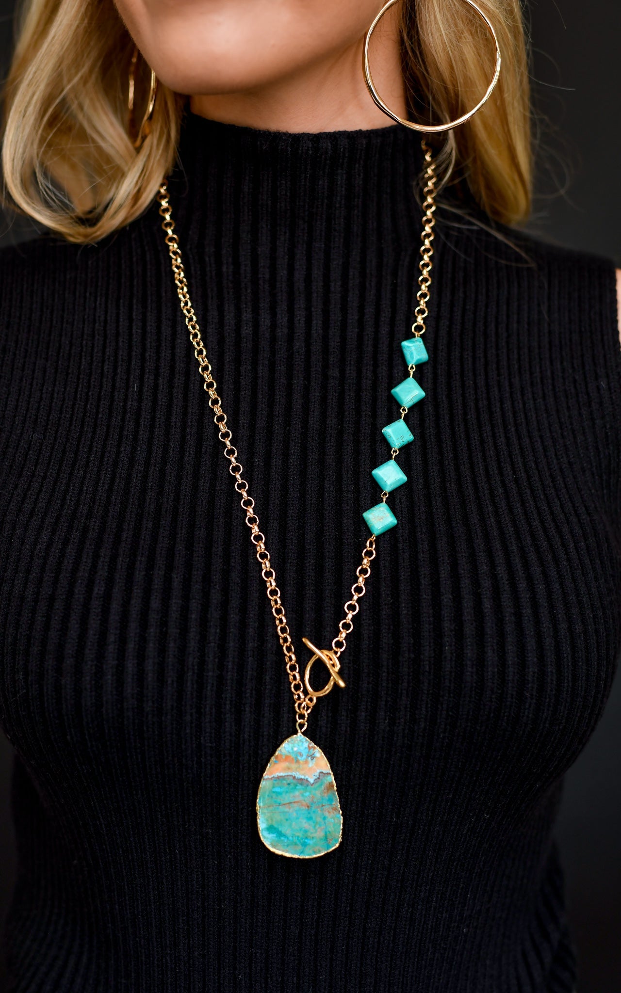 Gold Chain Necklace with Turquoise Stone Pendant and Turquoise Diamond Accents