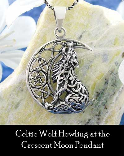Celtic Wolf Howling at the Crescent Moon Pendant