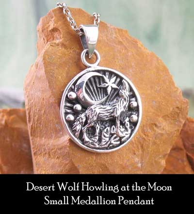 Desert Wolf Howling at the Moon Small Medallion Pendant