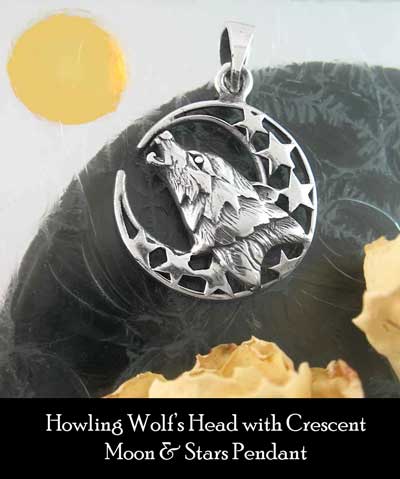 Howling wolf's head with crescent moon stars pendant