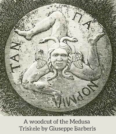 Medusa triskelion, three-legged triskele symbol