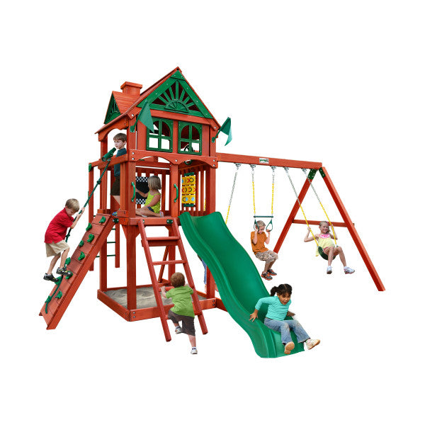 Gorilla Five Star Ii Wooden Swing Set With Monkey Bars Rock Climbing Wall And 2 Swings