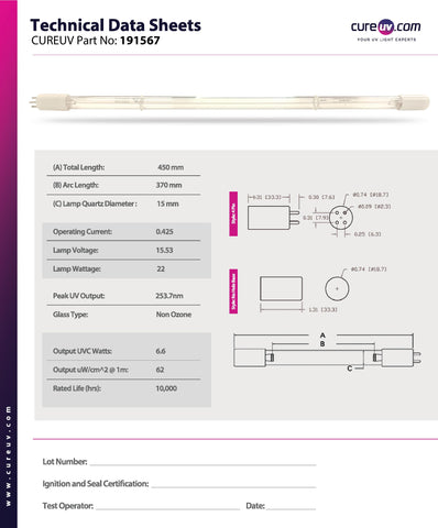 Technical data sheet for WEDECO/Ideal Horizons - SSW-10 UV Bulb