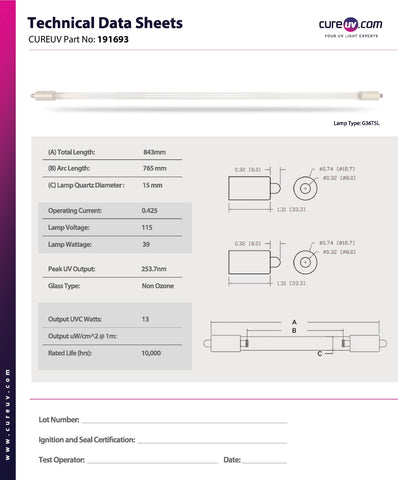Technical Data Sheet for Lancaster Pump 7L8-246 Replacement UV-C Bulb