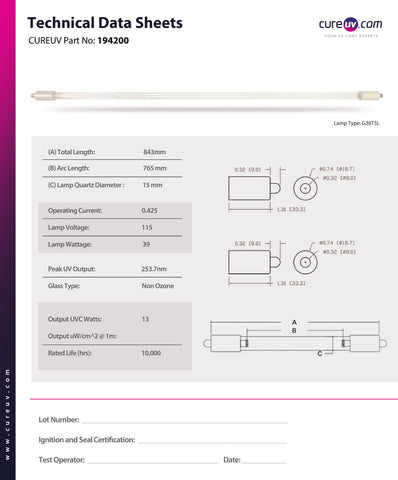 Technical Data Sheet for Philips 292672 UV Light Bulb