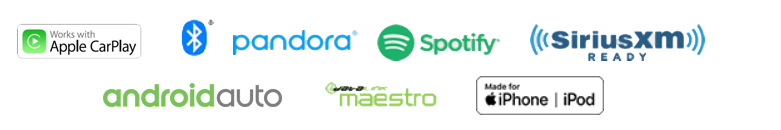 Apple CarPlay Icon, Android Auto, iDatalink Maestro, Iphone/Ipod Icon, Pandora Logo, Spotify Logo, SiriusXM, Bluetooth Logo