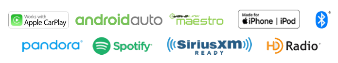 Apple CarPlay Icon, Android Auto, iDatalink Maestro, Iphone/Ipod Icon, Pandora Logo, Spotify Logo, SiriusXM, Bluetooth Logo