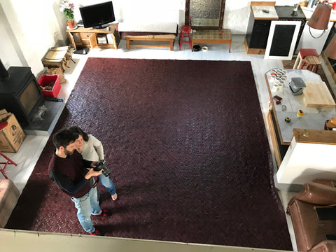 Very large reclaimed leather rug Elvis & Kresse are sending to Montana, Shiraz