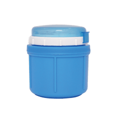 Light blue round, small food container with lid on white background.