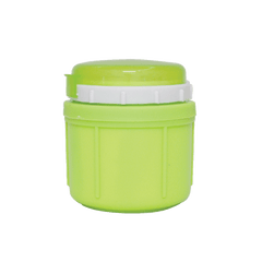Lime green, round, small food container with lid on white background.