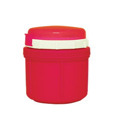 Robust red round, small food container with lid on white background.