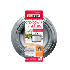 Range Kleen Heavy Duty Chrome Drip Bowls in Packaging on a white background. 