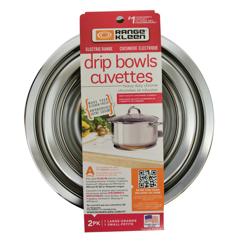 An image of Range Kleen Style A Heavy Duty Chrome Drip Bowls in new packaging on a white background.