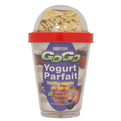 White background features image of clear yougurt container with clear dome lid with "GoGo" packaging inside of container.