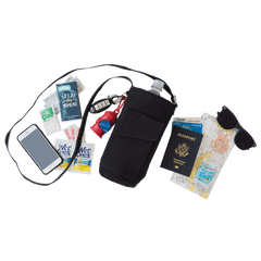 White background features black Go Caddy water bottle holder with clear plastic bottle. Assorted travel items sit around water bottle holder such as passport, credit card, hand wipes, and more.