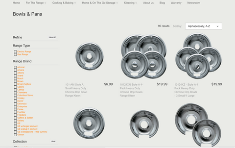 A screenshot image of Range Kleen's website Drip Bowl section showing assorted styles of Heavy Duty Chrome Drip Bowls available for purcahse on a grey background.