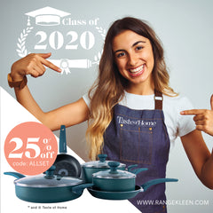 Image features smiling woman wearing a cooking apron, with a Taste of Home Pan in the forefront of the image.Text in image states "Class of 2020" "Save 25% using code ALLSET"