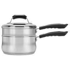 Stainless steel double boiler pan on white background.