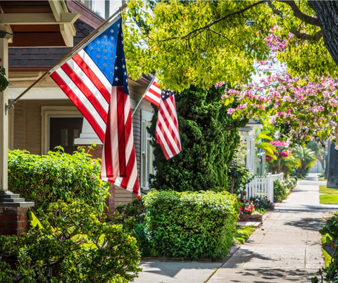 American flags hang from the front of houses. Trees and shrubs surround a clear sidewalk on a sunny day.