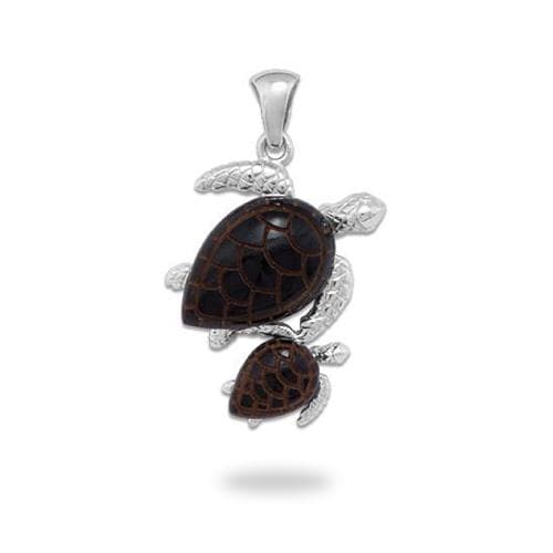 Black Coral Turtle Pendant in 14K White 