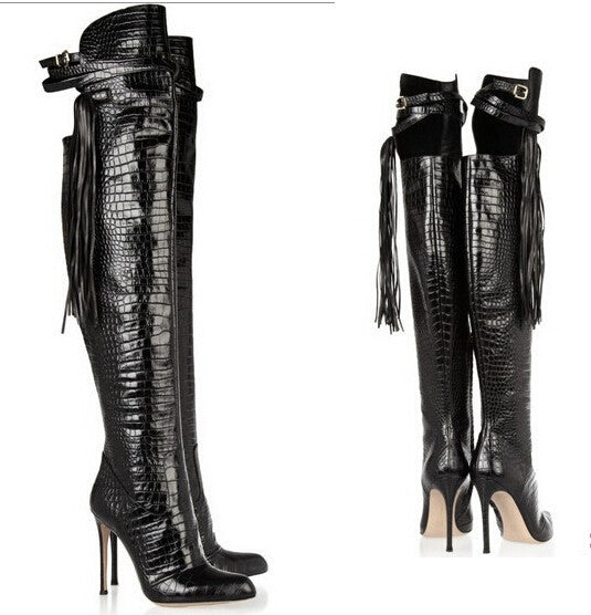black and white snakeskin thigh high boots