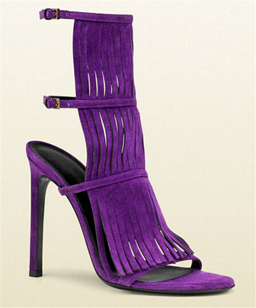 purple fringe heels