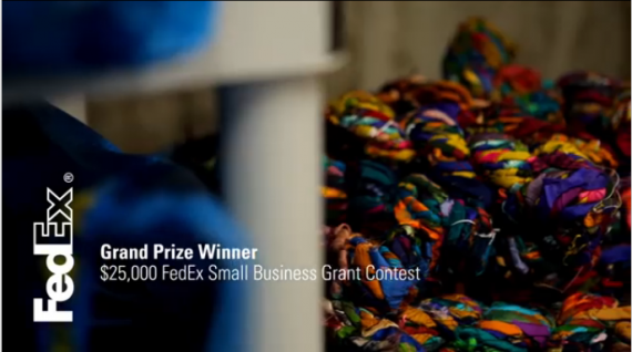 yarn in a background, with fedex logo and text that says "grand prize winner. $25,000 FedEx small business grant contest.