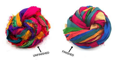 two balls of yarn showing the difference between unfinished vs finished edges of multicolored sari silk ribbon, all on a white background with black text that reads 'Unfinished, Finished'