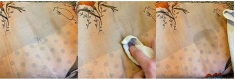 A trio of pictures showing a small pen stain on a neutral orange skirt. The stain is blotted with rubbing alcohol and the pen marks are easily wiped away.