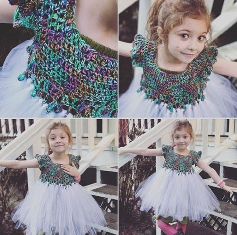 4-image collage with a little girl wearing a Girls fairytale crochet dress