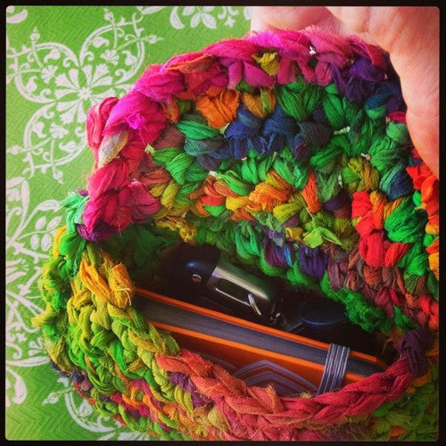 yarn bag with car keys and keypad inside