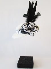 white brim hat with polka dot ribbon and feathers - Designs by Ginny