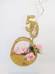 white and gold purse floral centerpiece - Designs by Ginny