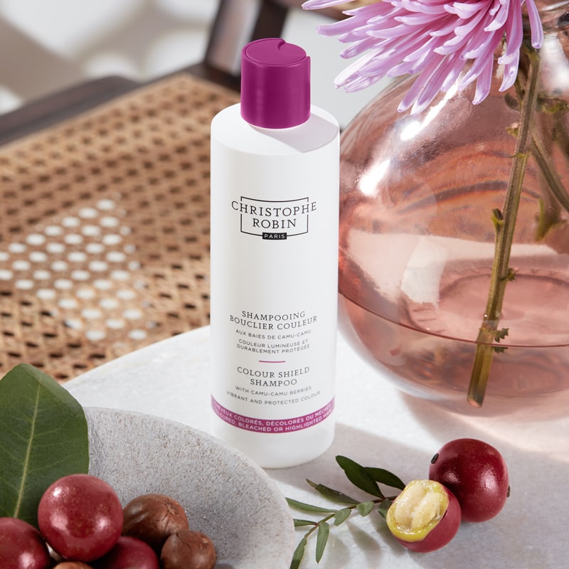 Christophe Robin Color Shield Shampoo shown with key ingredients
