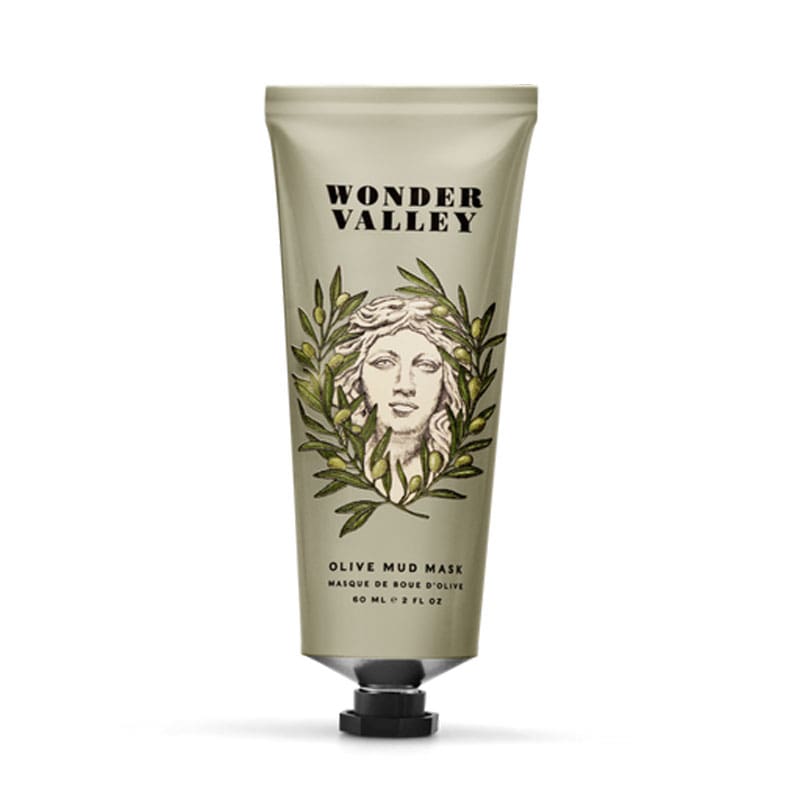 Wonder Valley Olive Mud Mask showing product with olive branches on photo