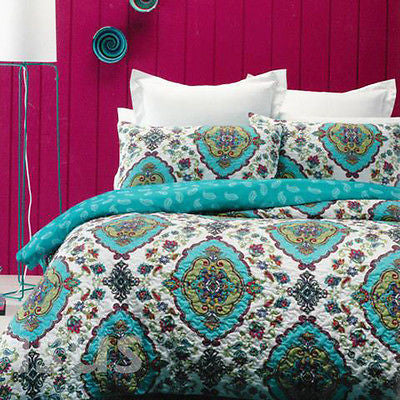 Reversible Lightly Quilted Quilt Cover Set White Teal Fuschia