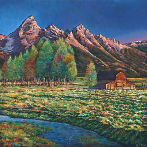 Wyoming artwork on canvas. Mormon Row T. A. Moulton Barn. Johnathan Harris Fine Art.