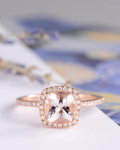 Morganite Engagement Ring Rose Gold Wedding Women Bridal Set Pink Birthday Diamond Cushion Cut Halo Anniversary Gifts For Her Graduation