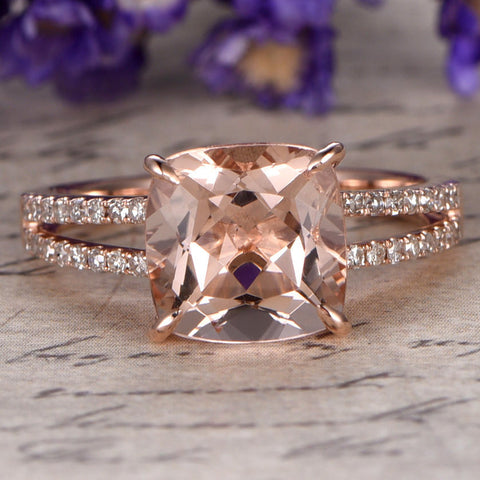 Morganite engagement ring with diamond Solid 14k Rose gold