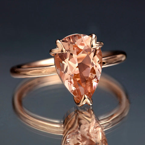 Peach Pink Morganite Rose Gold Ring, Pear Cut Tulip Morganite Engagement Ring in Solid Rose Gold