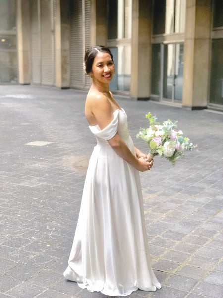 by catalfo off the shoulder gown in ivory for toronto city hall wedding