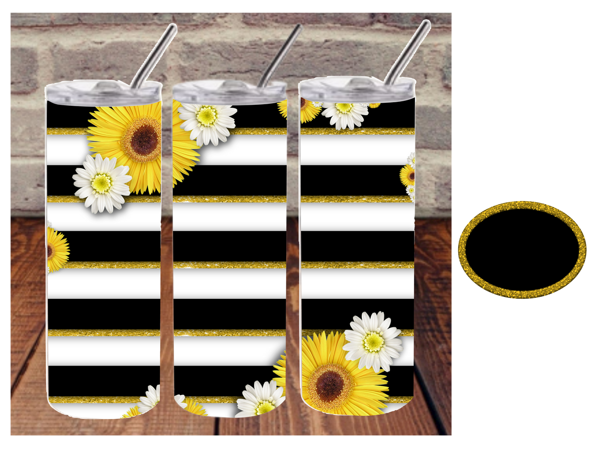 black white stripes with daisy Blank digital image for skinny tumblers