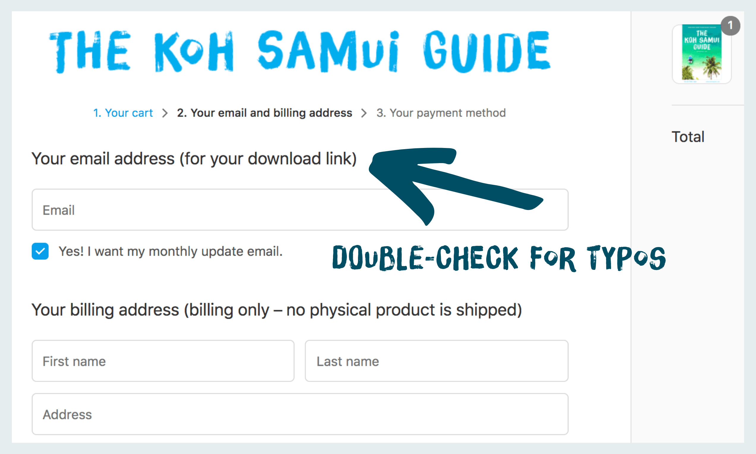 Step-by-step instructions for how to purchase The Koh Samui Guide with a credit card: Step two – check your email address for typos