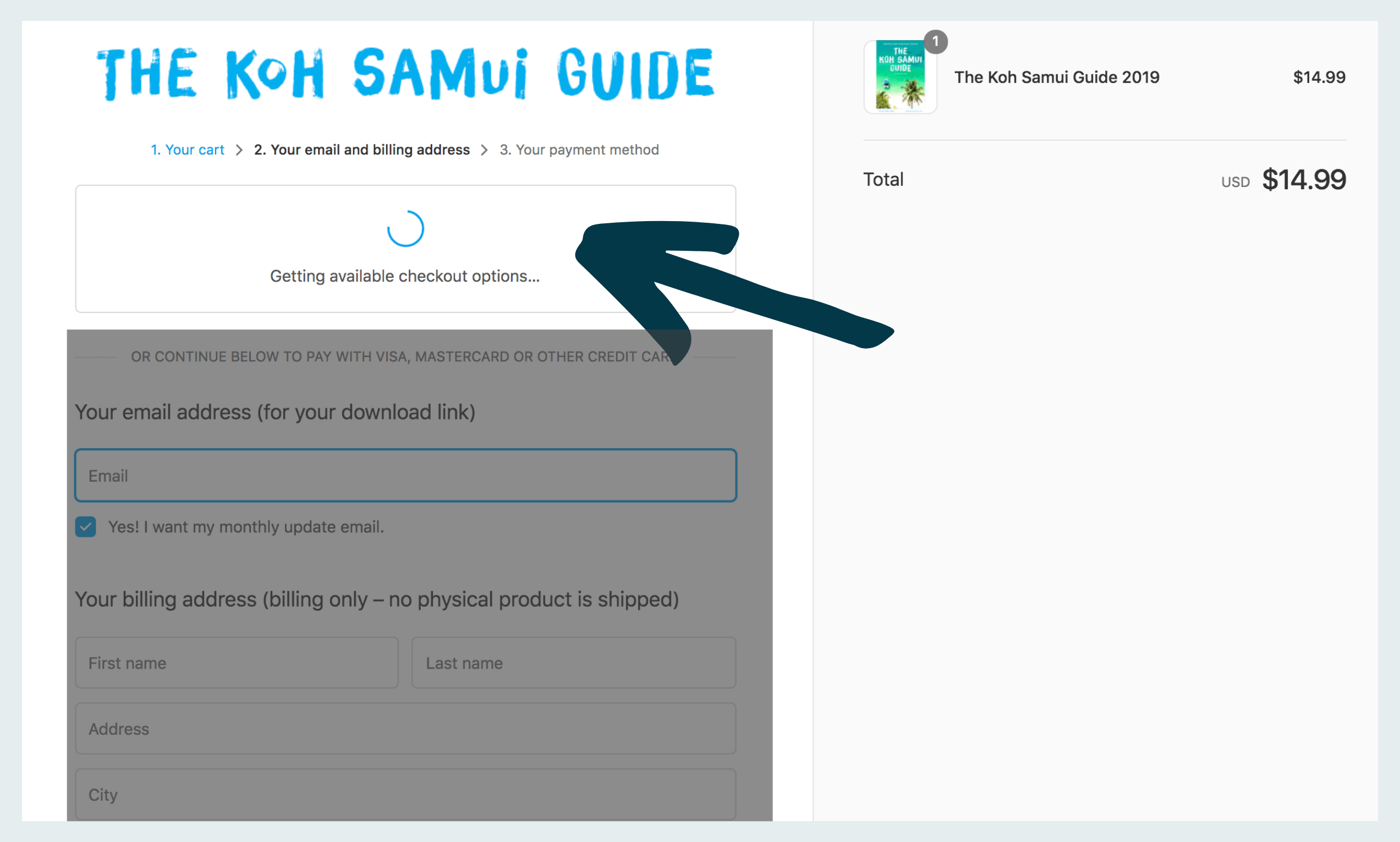 Step-by-step instructions for how to purchase The Koh Samui Guide with Apple Pay or Google Pay: Step one