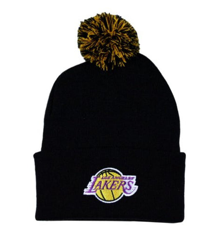 Los Angeles Lakers Solid Black Beanie Hat with Pom - NBA Adidas Cuffed Knit Cap