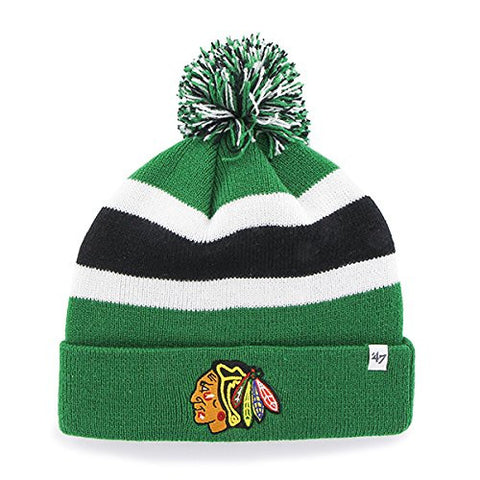 Chicago Blackhawks Green Cuff "Breakaway" Beanie Hat with Pom - NHL Cuffed Winter Knit Toque Cap
